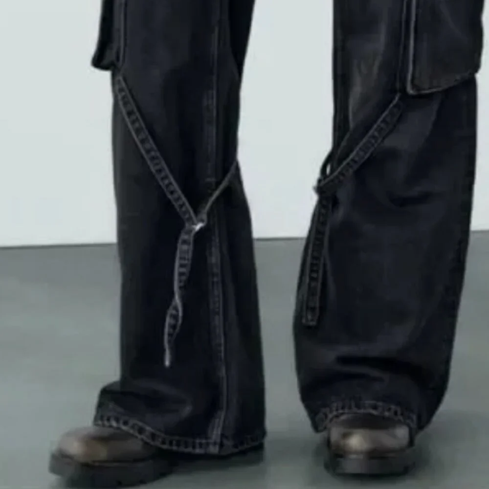 Zara Mid-Rise TRF Cargo Pants Denim Black Wide Leg Jeans Womens US Size 14 EU 46 - Picture 5 of 5